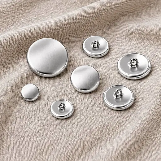 make fabric covered buttons, Metal button shells and shank backs in multiple sizes are displayed on beige fabric for making fabric covered buttons.